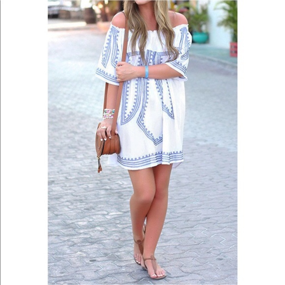 Cupshe Blue and White Off Shoulder Dress